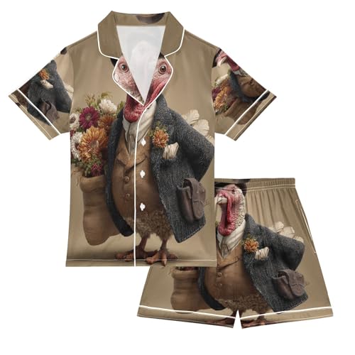Satin Pajama Sets Short Sleeve Turkey Thanksgiving Funny Button Down Silky Nightwear 2 Piece PJS 5-14Y
