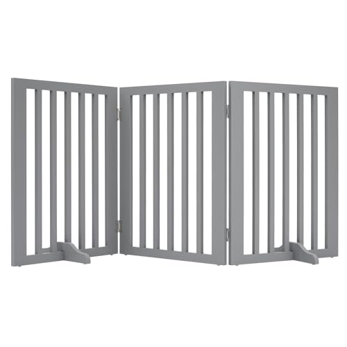 GREENSAPPIRE Wooden Stair Gate for Dogs Freestanding Foldable Dog Gate Indoor with 2 Support Feet 3 Panel Pet Gate & Dog Guard for Stairs Doorways and Hallways (140 W x 60.5 H (Gray)