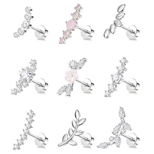AFSITNIG 9Pcs 16G Flat Back Cartilage Earrings for Women Helix Piercing Jewelry Hypoallergenic Stainless Steel Flower Leaf CZ Star Tragus Conch Piercing Flatback Silver Stud Earrings Set