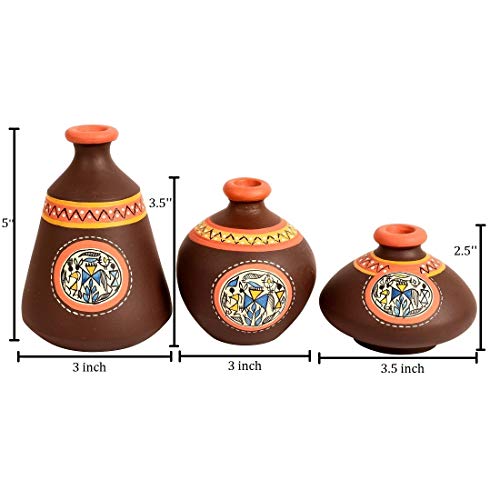 Image of Aakriti Art Creations Earthen Miniatures Terracotta Vases Set of 3 | Handmade Brown Warli Art Flower Vases Matte Finish Decorative Vases for Home Decor & Gifting