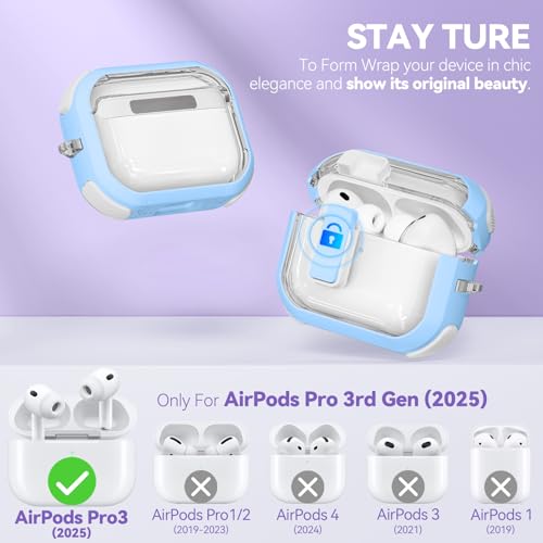 Image of for AirPods Pro 3 Case Clear with Safety Lock, Anti-Yellowing Case with Cleaner & Keychain Compatible with Apple AirPods Pro 3rd Generation 2025 for Women Girly, Shock Protection,Sky Blue