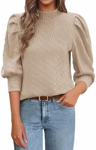 PRETTYGARDEN Womens Puff 3/4 Sleeve Tops 2025 Trendy Spring Summer Mock Neck Texture Knit T Shirts Work Casual Dressy Blouses