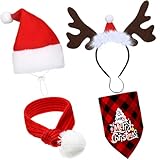 4 Pcs Adjustable 3D Christmas Dog Santa Hat, Christmas Classic Buffalo Plaid Pets Scarf, Reindeer Antlers Headband with Ears Pet Costume Accessories for Dogs and Cats(Funny Style)