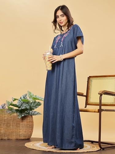 Image of 9shines Label Stylish Denim Cotton Nighty Maxi for Women | Full Length Trendy Nightgown | Premium Nightdress | Nightwear | Embroidery Nighty with Pocket (9SDS)