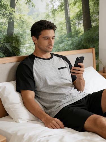 Image of Mens Pajamas Set Modal Soft Pajama Short Set Short Sleeve Pjs Sleepwear 2 Piece Lounge Set With Pockets S-3XL