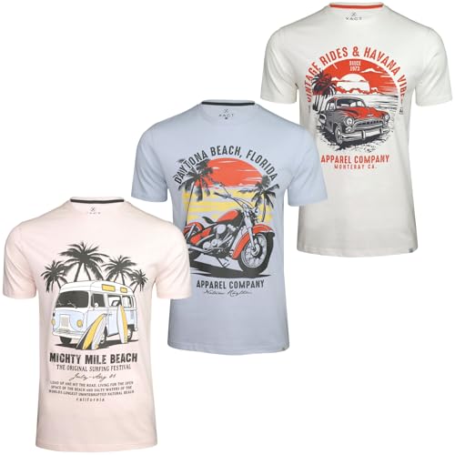 Xact Men's 3-Pack Printed Crew Neck T-Shirt, 100% Cotton, Short Sleeve (3-Pack - Beach - Pink/Celestial Blue/White) S