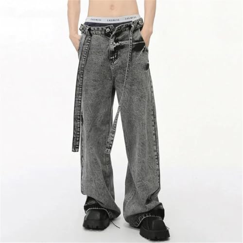 Men's Denim Pants Lace-Up Design Silhouette Contrast Color Bottom Straight Wide Leg Jeans2