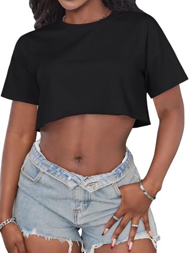Image of Crop Tops for Women Oversized Short Sleeve T Shirts Crew Neck Cropped Tees