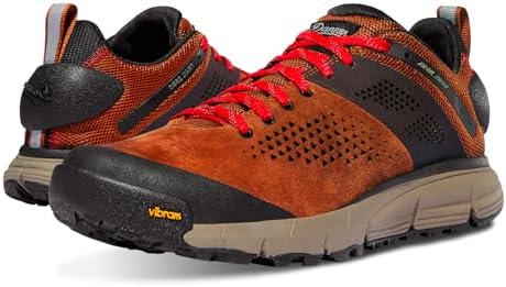 Danner Trail 2650 Hiking Shoes for Men - Durable Suede, Lightweight Textile with Breathable Mesh Lining, Ortholite Footbed, & Vibram Traction Outsole, Brown/Red - 10.5 D