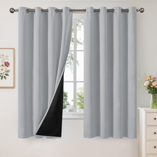 Image of YoungsTex 100% Blackout Curtains 63 Inch Length, Thermal Insulated Drapes with Grommet Darkening Thick Layer for Bedroom Windows, Light Grey, 2 Panels, 52 X 63 Inch