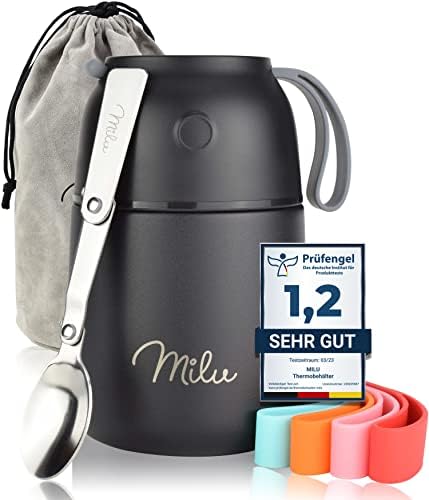 Milu Soup Thermos for hot food | 15oz Insulated Food Container for Kids Adults | Stainless Steel Food Jar with Spoon | 12 Hours Hot : 24 Hours Cold - Black 15 oz