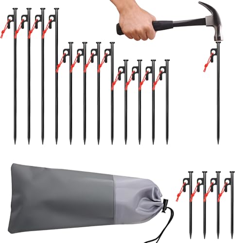 Tent Stakes Heavy Duty Set - Juego de 16 estacas para tienda de acero forjado para camping, senderismo y exteriores, negro, agujero para colgar rápido, antideslizante