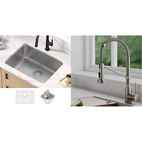 Kraus Dex 25-Inch Undermount 16 Gauge Stainless Steel Single Bowl Kitchen Sink & Kpf-1610Sfs Bolden 18-Inch Commercial Kitchen Faucet With Dual Function Pull-Down Sprayhead In All-Brite Finish #TOP19