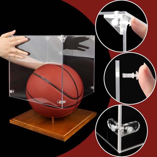 Image of Hooqict Basketball Display Case Acrylic Clear 10 inch Full Size with Solid Wood Base UV Protected Basketball Holder Display Stand Case Square Box for Sports Collections Autographed Ball Memorabilia Gifts