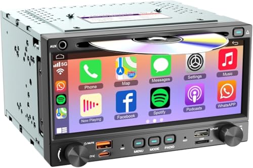 7'' QLED Double Din CD/DVD Car Stereo with CarPlay & Android Auto, Bluetooth 5.3 Car Audio Receivers, 240W 4.2 CHN 2 Subwoofers Outputs, Backup Camera, SWC, FM/AM, USB Playback & Charging