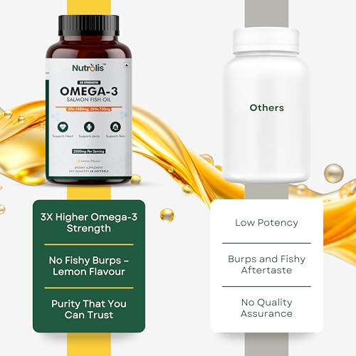 Image of Omega-3 Salmon Fish Oil Capsules 2500mg - Lemon Flavour Triple Strength Supplement for Heart, Brain, Joint Health, Cholesterol Management & Immune Support | 1080mg EPA and 720mg DHA | - 60 Softgels