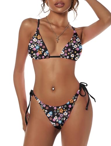 Image of ZAFUL Women's Triangle Bikini Floral String Bikini Set Two Piece Swimsuit Bathing Suits