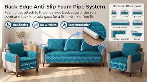 Image of KINGLY Sofa Cover 4 Seater Fully Covered | Stretchable Anti-Slip Slipcover | Washable Furniture Protector | Teal Blue | Set of 2 | Seat & Back |
