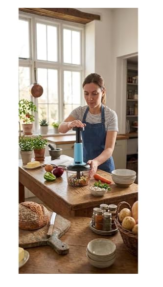 Image of Hand Push Vegetable Chopper | Manual Food Chopper with Stainless Steel Blades | Onion Cutter, Garlic Cutter, Chilli Cutter | M (Blue, M)