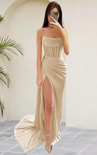 Strapless Prom Dresses Long Silk Mermaid Ruched Satin Bridesmaid Dress Corset Formal Evening Party Dress with Slit3