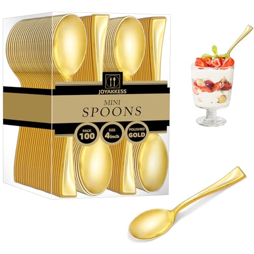 100 PCS Gold Mini Spoons Heavy Duty 4 Inch Gold Plastic Spoon Mini Spoons Disposable Dessert Fork Disposable BPA Free Food Safe Suitable for All Occasions