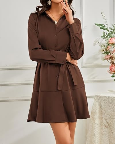 Image of Women's Long Sleeve Button Up Midi Belt Shift Collar Dress with Pockets for Work Office Business