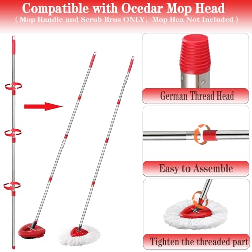 Image of Spin Mop Replacement Handle and Mop Base Replacements for OCeda EasyWring 1-Tank Spin Mop System,4-Section Iron Mop Handle 30-58in and 1 Mop Base and 1 Scrub Brush Cover Set Combo, Red