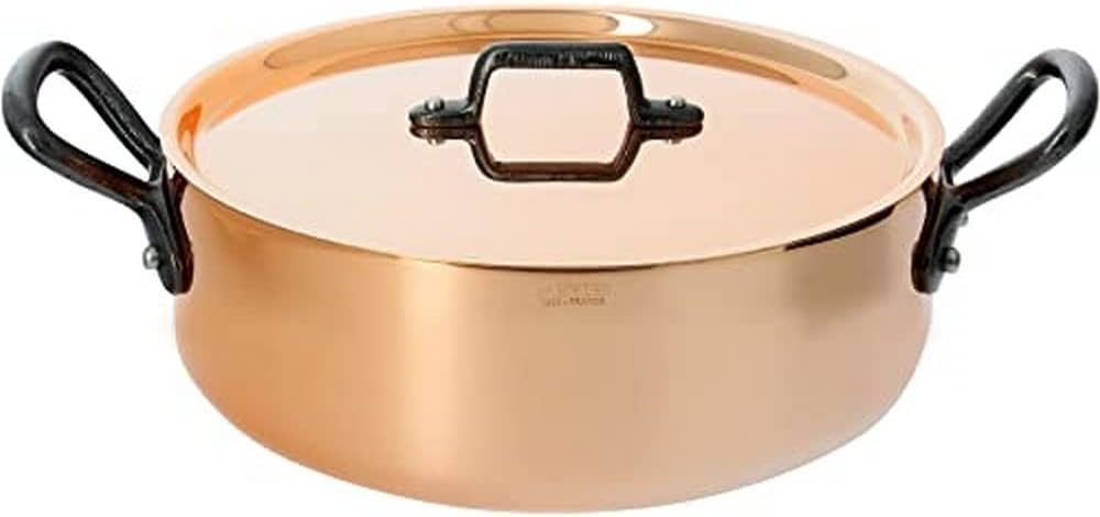 De Buyer Professional 24 cm Inocuivre First Classe Copper Straight Saute Pan Stainless Steel Inside with Cast Iron Handles and Lid 6461.24
