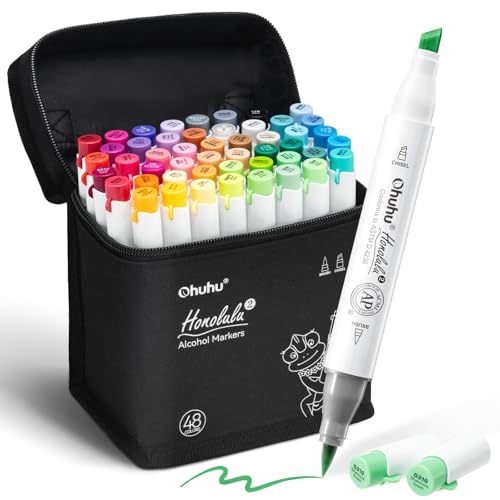 Ohuhu Alcohol Markers Brush and Chisel Tip: 48-Color Double Tipped Art Marker Set for Artist Adults Cozy Coloring Illustrations - Honolulu 2- Brush and Chisel Dual Tips- Refillable - AP Certificated