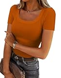 Chulianyouhuo Woman Short Sleeve Scoop Neck Ribbed Knit Fitted Casual Tops Tee Summer Slim Basic T-Shirts Orange