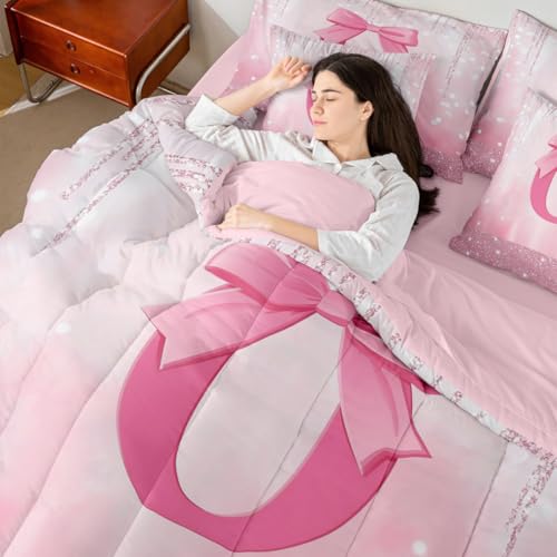Image of Feelyou Boys Girls Pink Bowknot Bed in A Bag Queen Size, Personalized Initial O 7 Pieces Bedding Set Kids Princess Glitter Comforter Set with Sheets Bow Monogrammed Teens Bed Set Bedroom Decor 7Pcs