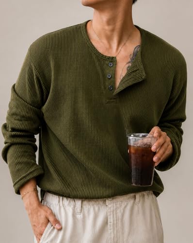 Image of AUSK Men's Textured Henley T-Shirt || Full Sleeve Ribbed Knit Button Neck T Shirt for Men || Regular Fit Casual Wear Tee || Smart Casual Tshirt for Mens