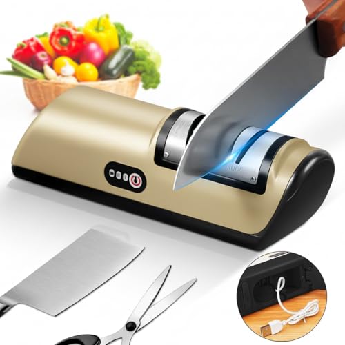 Rechargeable Electric Knife Sharpener, Compact Cordless Knife Sharpener with Diamonds for Steel...