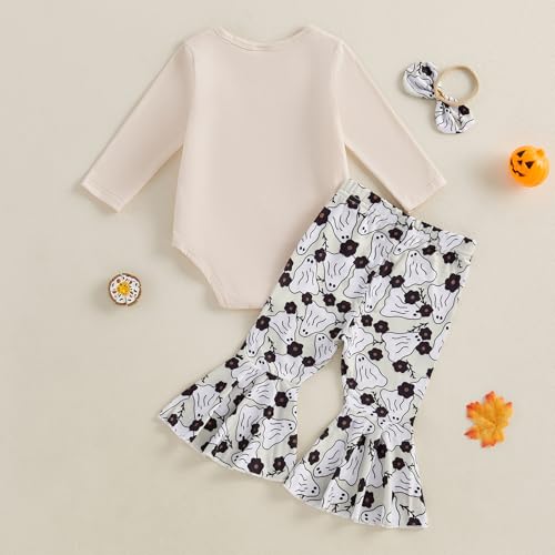 Infant Baby Girls Halloween Outfits Letter Ghost Pumpkin Print Long Sleeve Romper Flare Pants Bow Headband Set3