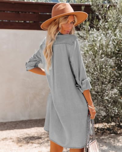 Image of Paintcolors Women's Long Sleeve Silk Denim Button Up Dresses Shirt Tunics Cover-ups Oversized Blouse Tops with Pockets