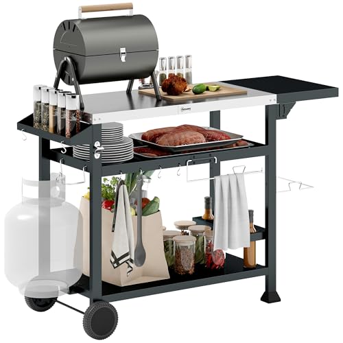 Outsunny Grillwagen Grilltisch mit klappbarem Beistelltisch, Servierwagen mit 3 Etagen, 6 Haken,...
