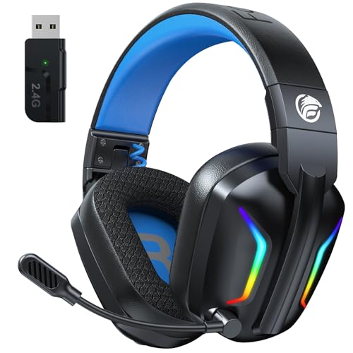 Fachixy FC-300 - Cuffie da gioco con microfono, 2,4 G wireless per PS5, PS4, PC, Switch, Mac, Surround Sound pieghevole, Bluetooth, senza fili, con luce LED, durata della batteria 50H+