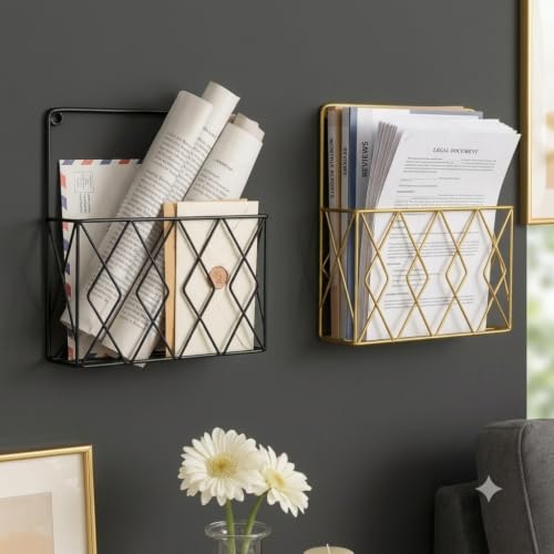 Image of CentraLit 2 Pieces Wall Decor Hanging File Magazine Holder with Hooks - Magazine Newspaper Rack Black Gold Combo File Storage Rack for Office - Home Decor Wall Art Display Rack for Organisation