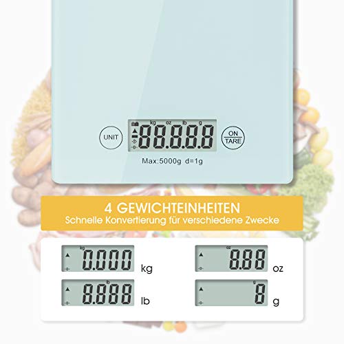 Mafiti Küchenwaage Digital, Digitalwaage mit Großer Präzision 1g /Max 5kg, LCD Display und Tara Function -Weiß – Bild 3