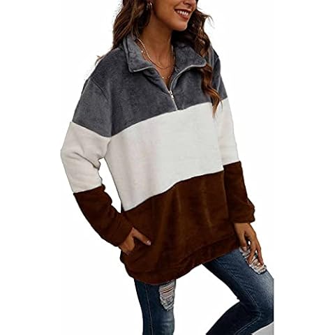 Voopptaw Women Color Block Pullover Oversized Cozy Fluffy Sweatshirt 1/4 Zip Warm Pullover Outwear Baggy Loose Tops with Pockets Brown S Cover