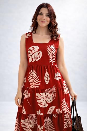 Image of Women's Maroon Tropical Print Sleeveless Midi Dress - Casual Tiered A-Line Fit & Flare Dress for Summer, Vacation, Beach, Party
