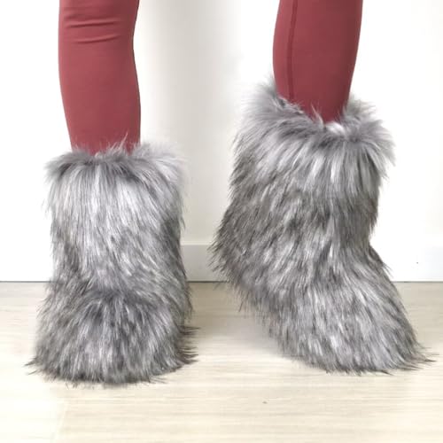 Image of Fashion Fur Boots,Flat Heel Comfy Plush Warm Snow Booties,2025 Winter Outdoors Furry Boots,Mid-Calf Faux fur Boot for Women.