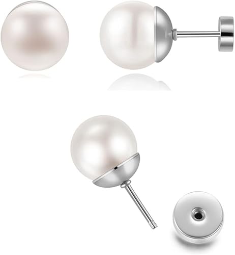 Miniatura 7 de 14K Gold Big Pearl Stud Earrings for Women,Flat Screw Back Pearl Helix Earrings Cartilage Earrings 316L Surgical Steel Piercing Jewelry Gift for