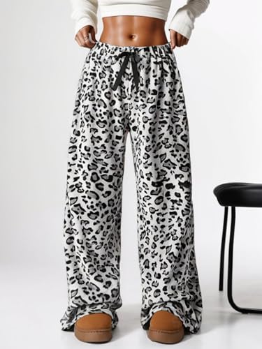 Image of VCM Leopard Print Pants Y2k High Waisted Baggy Trousers Drawstring Fluffy Cheetah Fuzzy Pajama Sleepwear