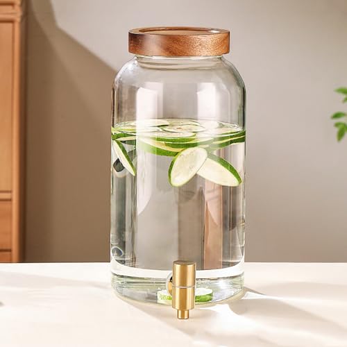 Dispensadores de jugo/ponche/bebidas de vidrio, jarra dispensadora de bebidas de vidrio con tapa de madera, dispensador de limonada, servidor de bebidas para fiesta de té, boda, bar, líquido (5 l)