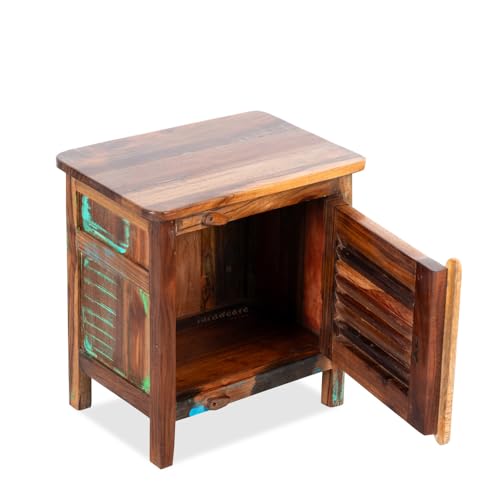Image of Wooden Bedside Table for Bedroom | Solid Wood Bedside Table with Drawers | Corner Side Table for Living Room | Traditional Handcrafted Furniture for Home Decor (Reclaimed)