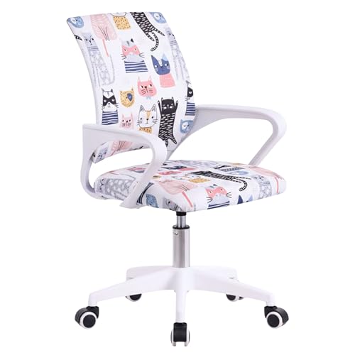 Miroytengo Silla de Escritorio Juvenil Miau Juvenil Blanco Dibujos de Gatitos Fabricada en Metal Material Tela 61x84x51 cm