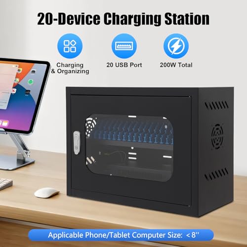 Image of 20-Device Charging Station, Charging Cabinet for Cellphones & Tablet Computers, Rechargeable Cellphone Locker Storage Charging Station, Locking Laptop Storage Box with Cable Management