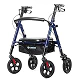 ELENKER All Terrain Heavy Duty Rollator Walker with Extra Wide Seat, Aluminum Bariatric Rolling Walker, 10” Wheels, Foldable Frame, Support up to 500lbs for Seniors, Blue