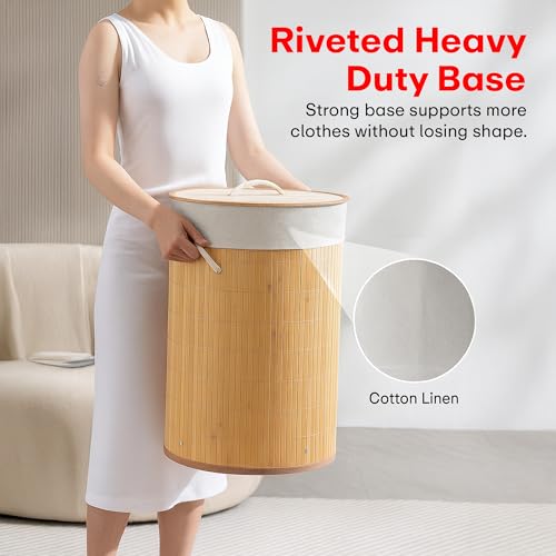 Image of Rioware Bamboo laundry bag basket for clothes with lid toy storage organiser box foldable Round Home Organizer and Storage | Eco Friendly | Compact and Easy to carry- Brown Econest